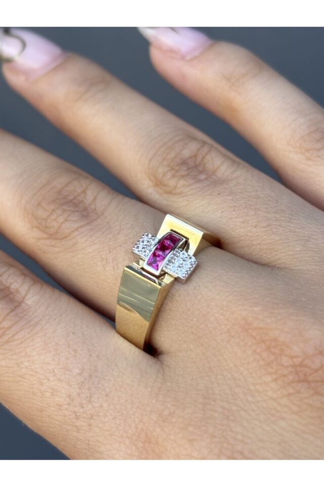 14 Ayar Altın Pembe Taşlı Octo Yüzük