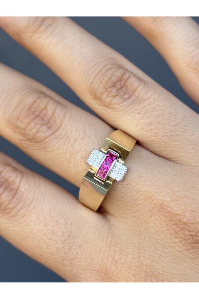 14 Ayar Altın Pembe Taşlı Octo Yüzük