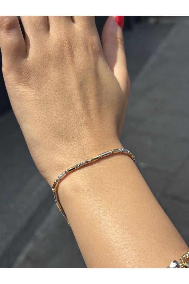 14 Ayar Altın Silindir İki Renk Dorika Bileklik Sarı