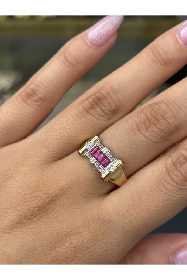 14 Ayar Altın Pembe Taşlı Nava Yüzük Sarı - 13
