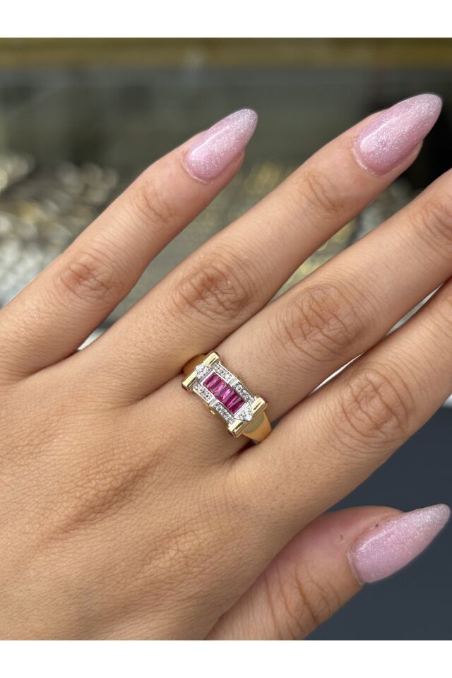 14 Ayar Altın Pembe Taşlı Nava Yüzük Sarı - 17