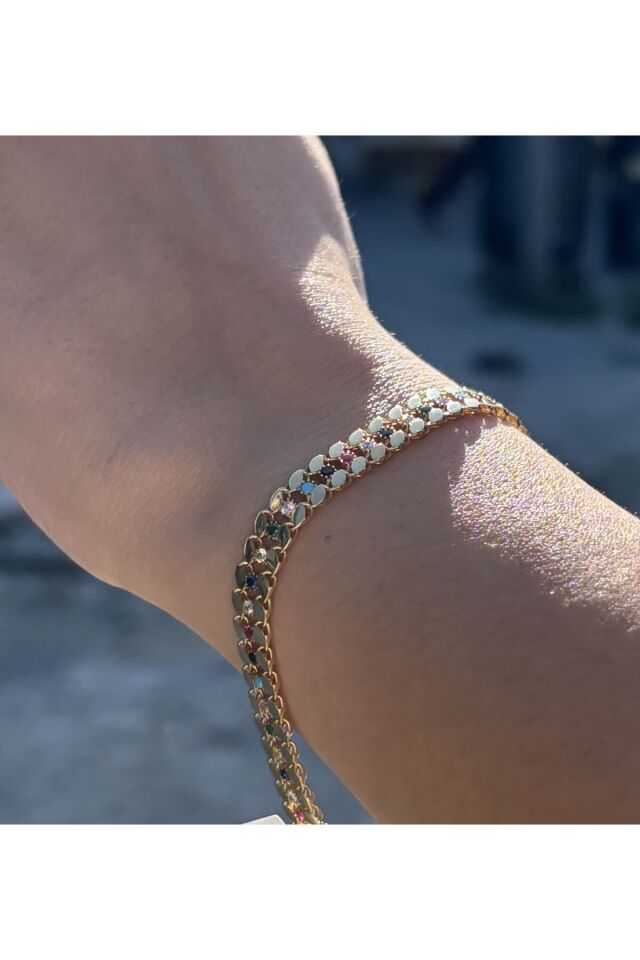 14 Ayar Altın Renkli Taşlı Pullu Bileklik Sarı