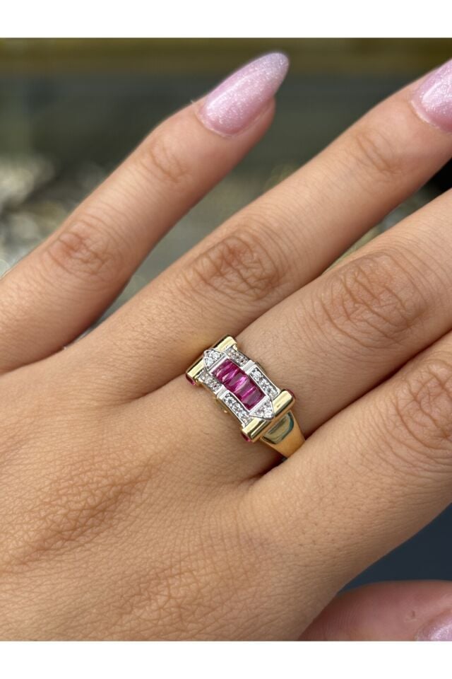 14 Ayar Altın Pembe Taşlı Nava Yüzük Sarı - 15