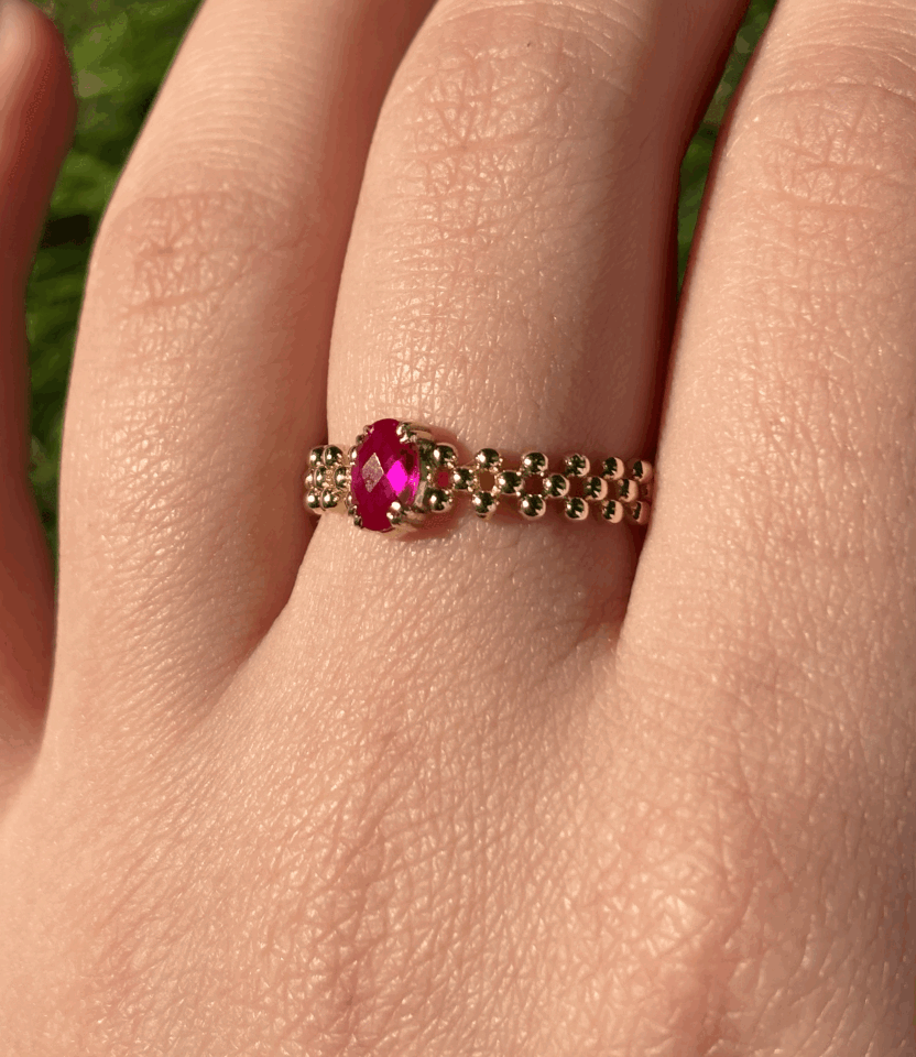 14 Ayar Altın Ortası Pembe Taşlı Polen Yüzük