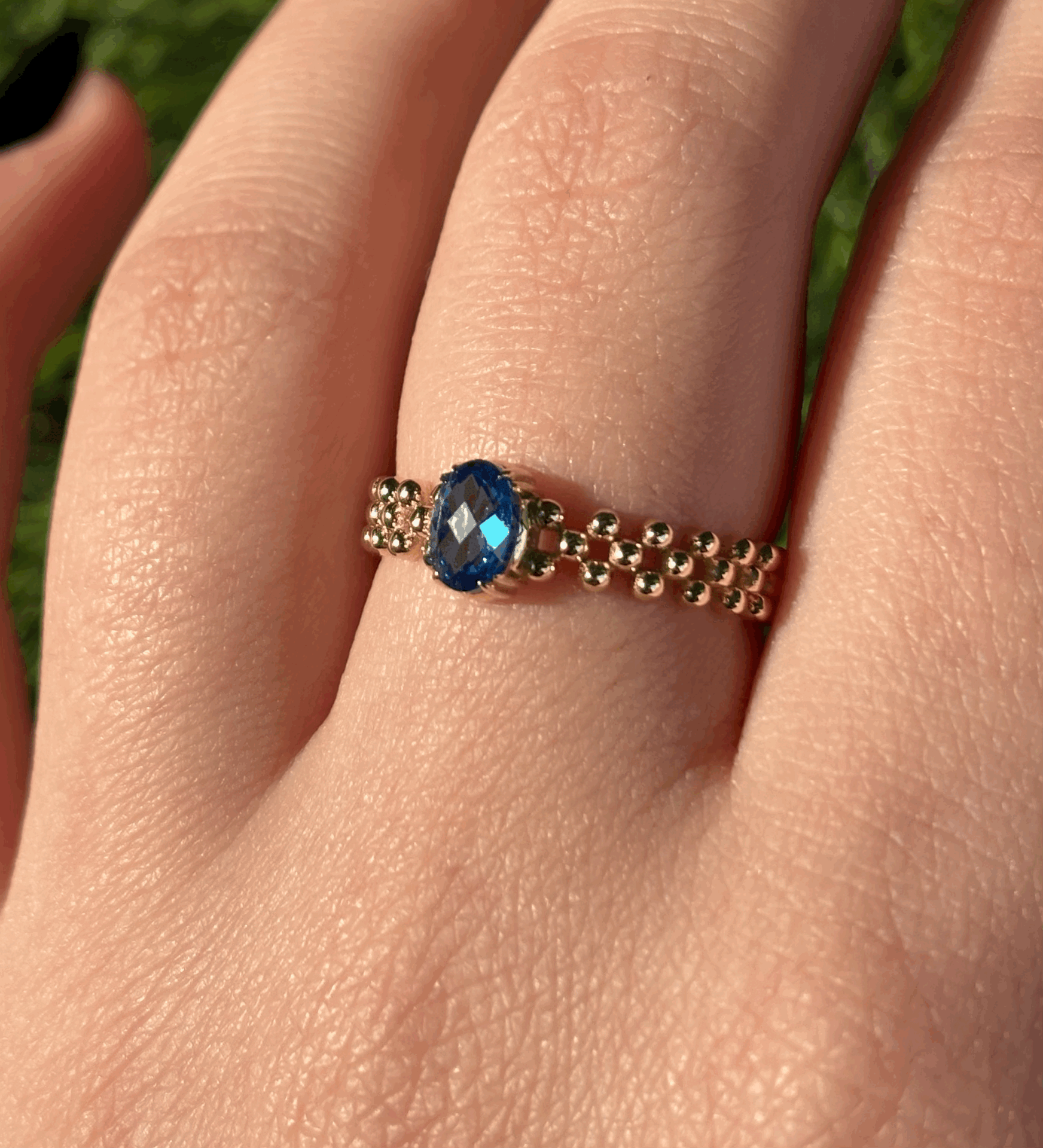 14 Ayar Altın Ortası Mavi Taşlı Polen Yüzük