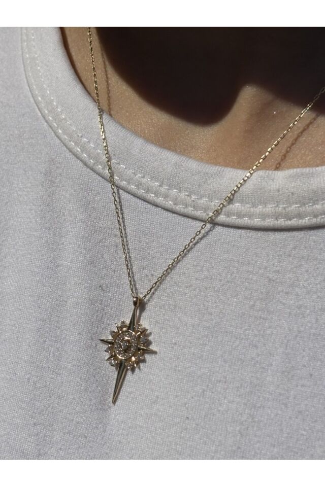 14 Ayar Altın Taşlı Kutup Yıldızı Kolye Sarı